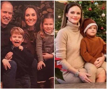 Royal family Christmas card featuring smiling family in cozy attire and holiday setting.