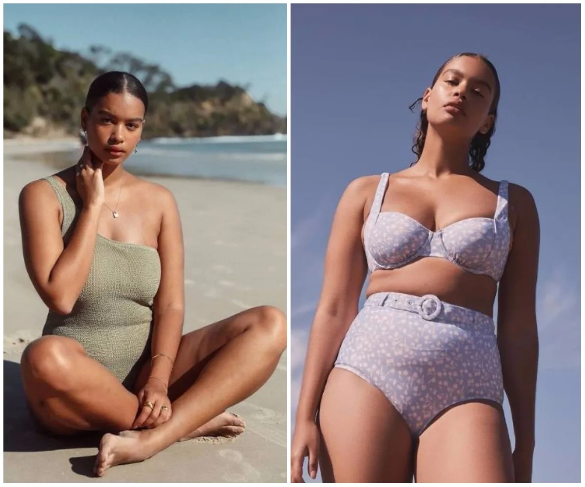Two images of a woman in swimsuits on the beach: one in a green one-shoulder, one in a blue patterned two-piece.