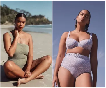 Two images of a woman in swimsuits on the beach: one in a green one-shoulder, one in a blue patterned two-piece.