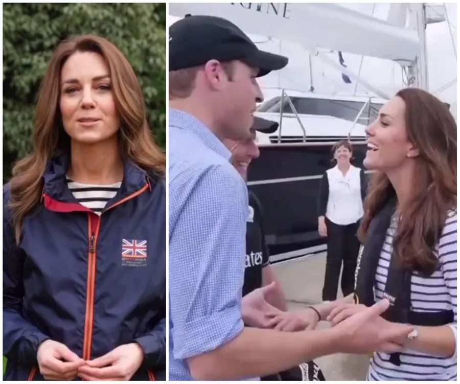Kate Middleton in sailing gear, smiling and conversing on a dock near a sailboat with a person in a cap.