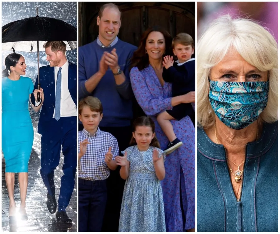 "Three photos: a couple walking with an umbrella, a family posing, and a woman in a mask."