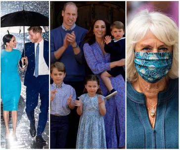 "Three photos: a couple walking with an umbrella, a family posing, and a woman in a mask."