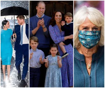 "Three photos: a couple walking with an umbrella, a family posing, and a woman in a mask."