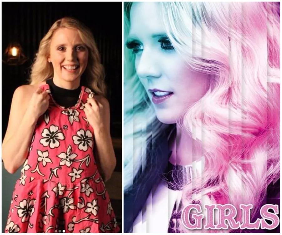 Blonde woman in a floral dress smiling; colorful album cover portrait labeled "Girls" with stylized pastels.