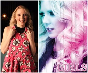 Blonde woman in a floral dress smiling; colorful album cover portrait labeled "Girls" with stylized pastels.
