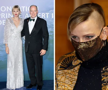 A couple poses elegantly on the left; on the right, a person shows a shaved hairstyle with a decorative mask.
