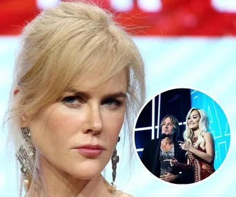 A woman with blond hair looks serious; inset shows two people smiling on a stage, one holding a microphone.