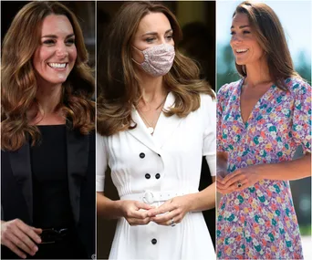 Kate Middleton in three outfits: black blazer, white dress with mask, and floral dress outdoors, smiling.