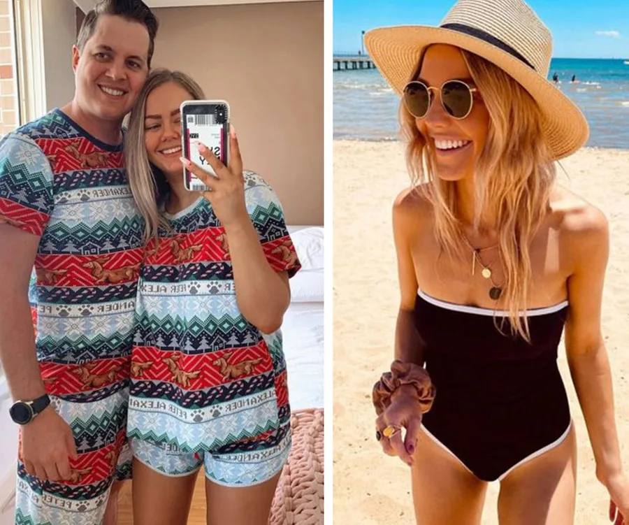 Couple in matching festive pajamas; woman in a black swimsuit with hat on a beach.
