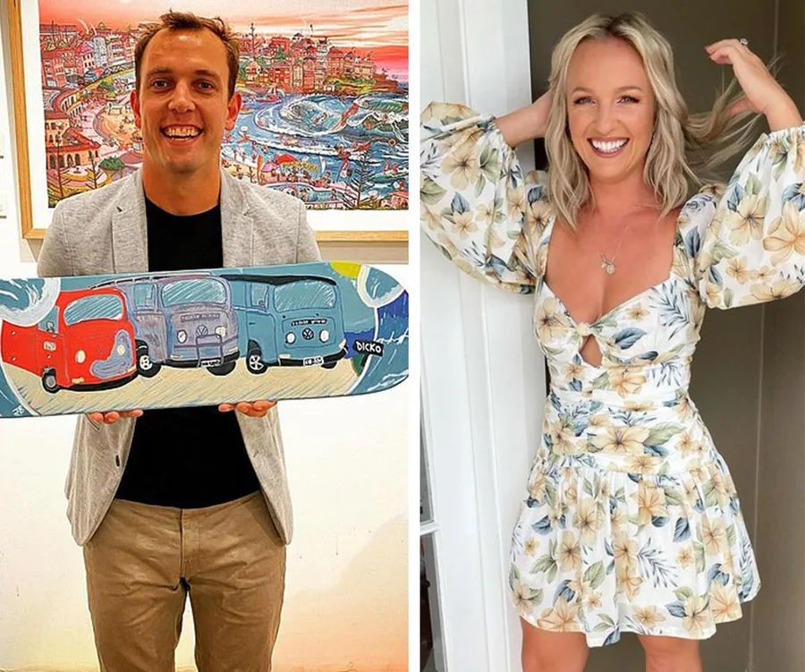 Man holding art piece with vintage vans; woman smiling in floral dress.