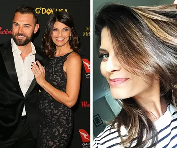 Couple on red carpet smiling; woman with dark hair smiling in a striped shirt selfie.