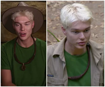 Young person with blonde hair in green clothing; wearing a hat in one image, outdoors in the other.