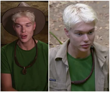 Young person with blonde hair in green clothing; wearing a hat in one image, outdoors in the other.