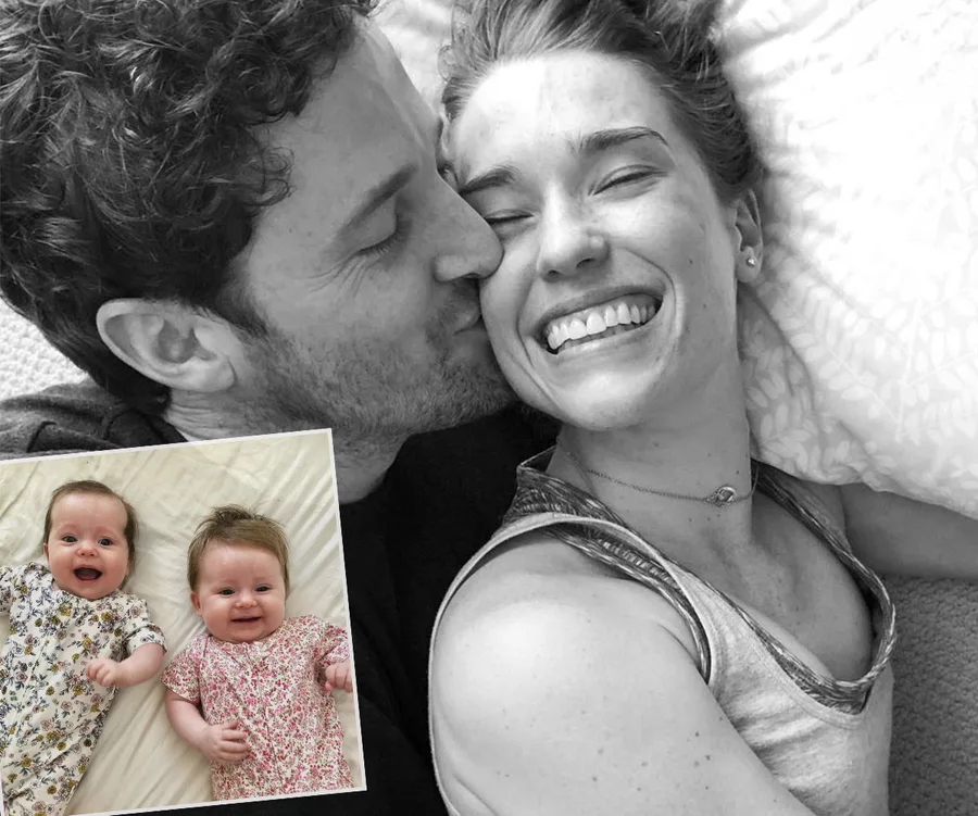 Couple smiling affectionately with inset of two smiling babies in floral outfits.