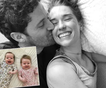 Couple smiling affectionately with inset of two smiling babies in floral outfits.