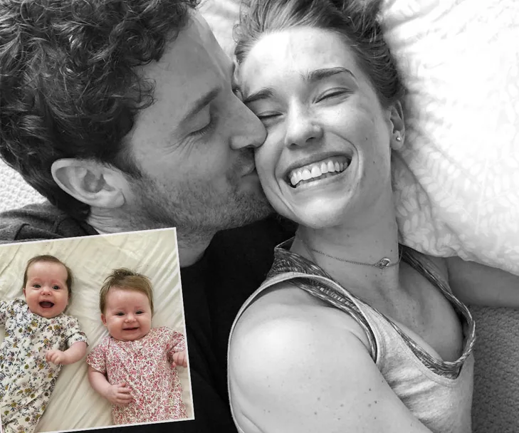 Couple smiling affectionately with inset of two smiling babies in floral outfits.
