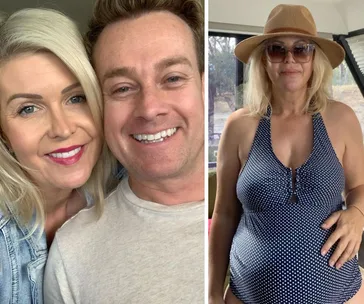 Couple smiling for a close-up selfie on left; woman in a sun hat and polka dot swimsuit on right.