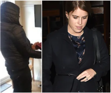 Two images: a person in a hooded jacket indoors, and a woman wearing a dark coat and patterned top outside.
