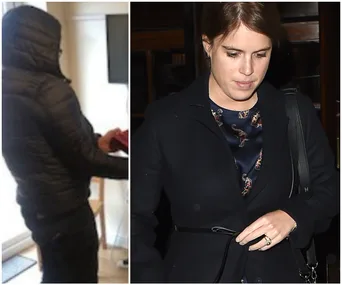 Two images: a person in a hooded jacket indoors, and a woman wearing a dark coat and patterned top outside.