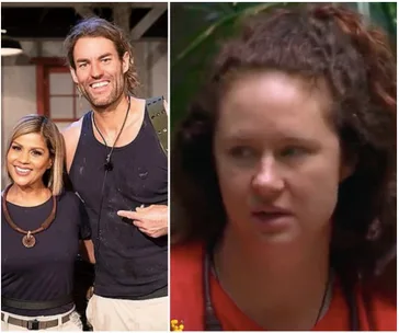 Two people smiling in dark shirts on the left, and a woman with curly hair looking sideways on the right.