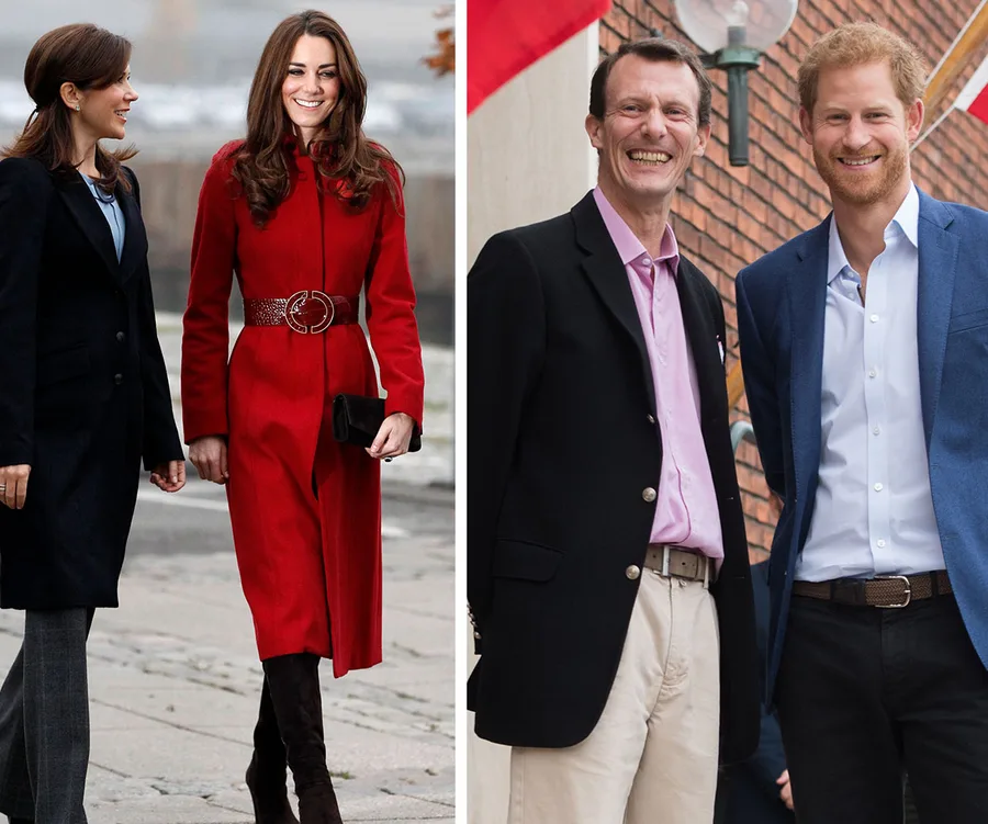 British royals with European royals, featuring people walking and standing, wearing formal attire, smiling outdoors.