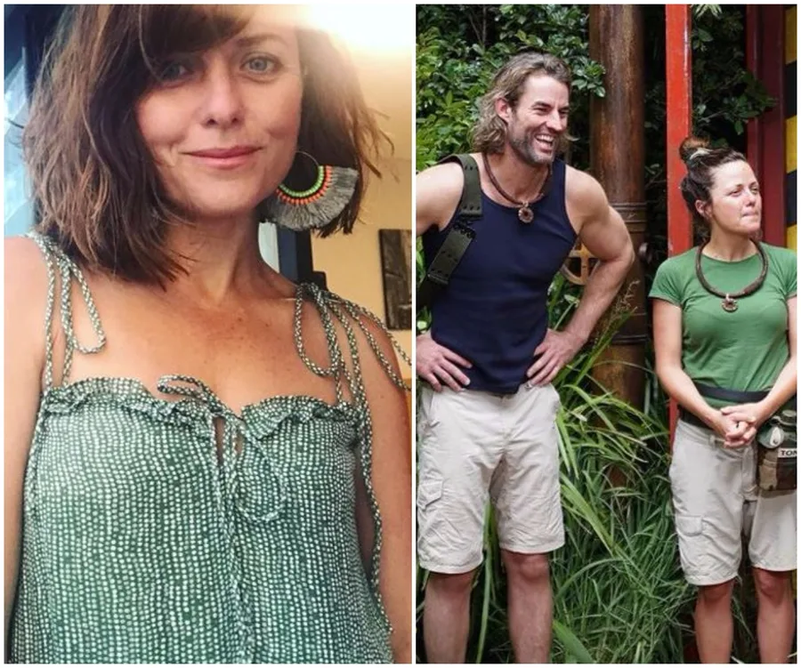 A woman in a green top with unique earrings and two people outdoors, smiling and dressed casually in nature.