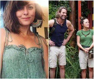 A woman in a green top with unique earrings and two people outdoors, smiling and dressed casually in nature.