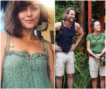 A woman in a green top with unique earrings and two people outdoors, smiling and dressed casually in nature.