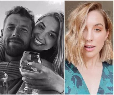 A couple smiling with a drink in hand (left); a woman with wavy blonde hair and a floral top (right).