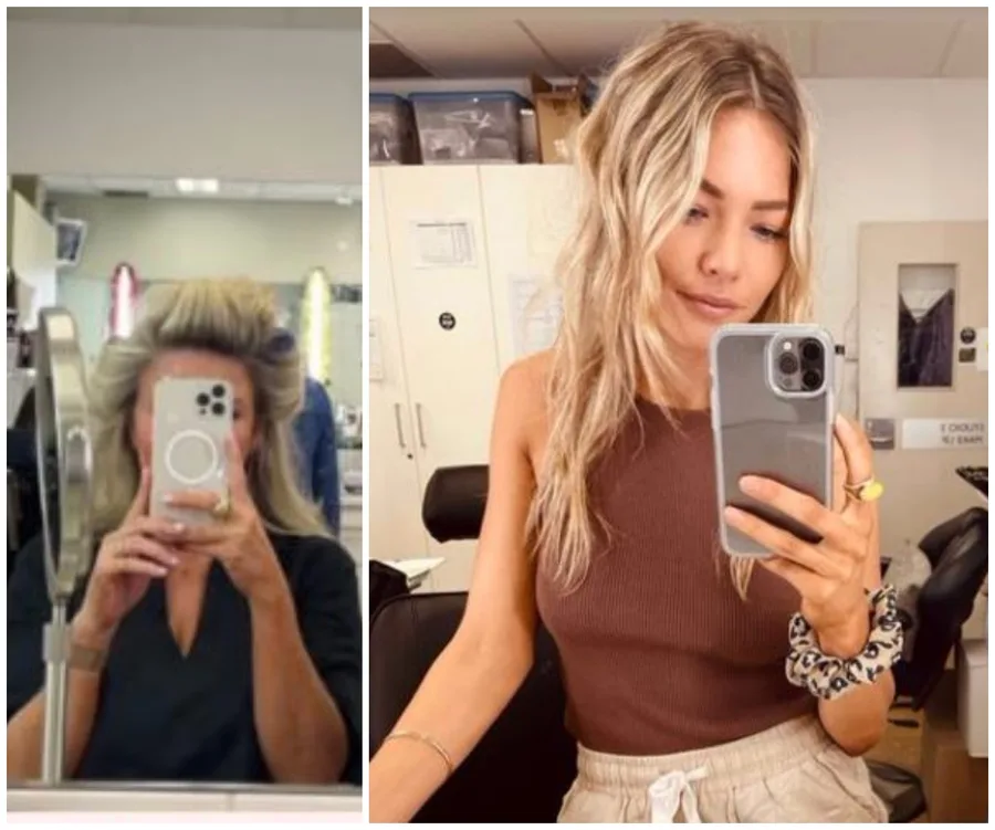 Behind-the-scenes selfie of two women in a dressing room, each holding smartphones, preparing for "Home and Away" 2021.