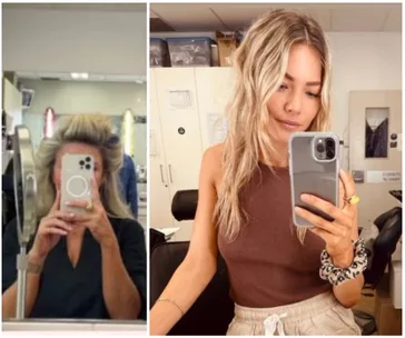 Behind-the-scenes selfie of two women in a dressing room, each holding smartphones, preparing for "Home and Away" 2021.