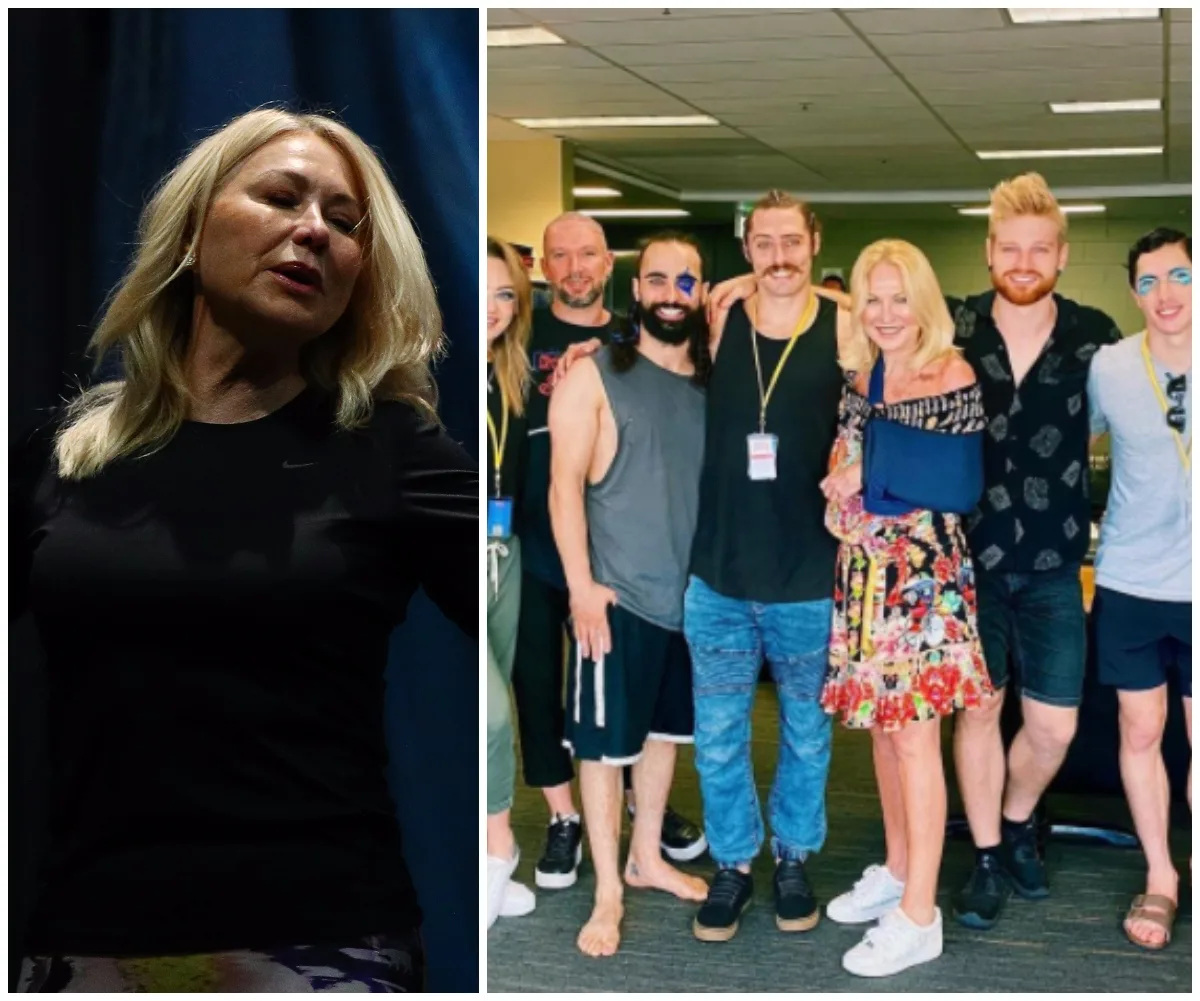 A woman poses on stage and with a group backstage, with smiles and casual attire.