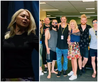 A woman poses on stage and with a group backstage, with smiles and casual attire.
