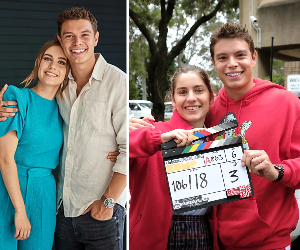 Two images of a smiling duo; left in casual outfits, right holding a clapperboard on a film set.