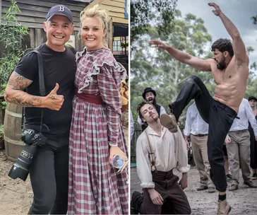 Behind-the-scenes of "Sherbrooke Down" with actors in period costume and a dramatic fight scene.