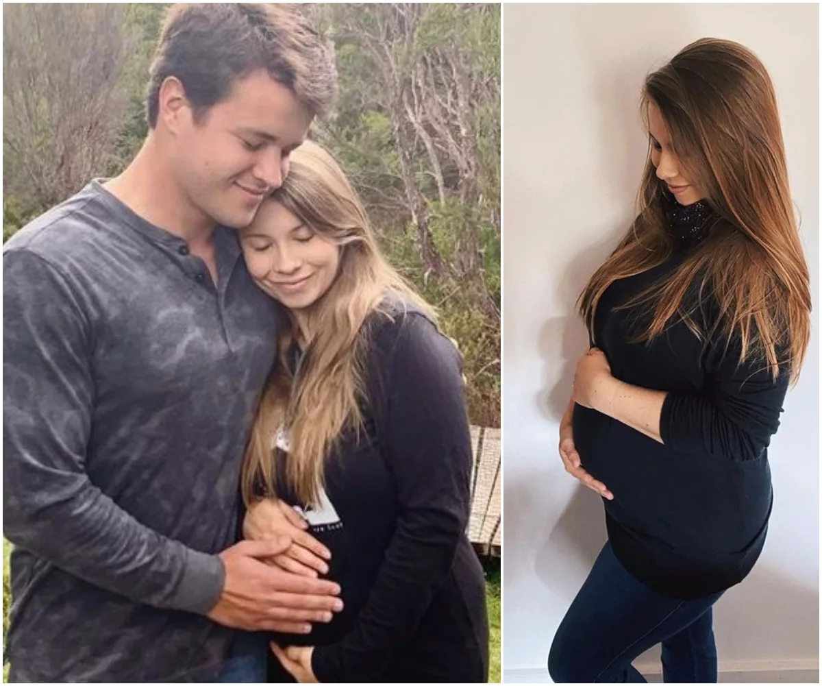 Pregnant woman posing with partner outdoors and cradling baby bump indoors.