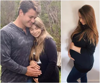Pregnant woman posing with partner outdoors and cradling baby bump indoors.