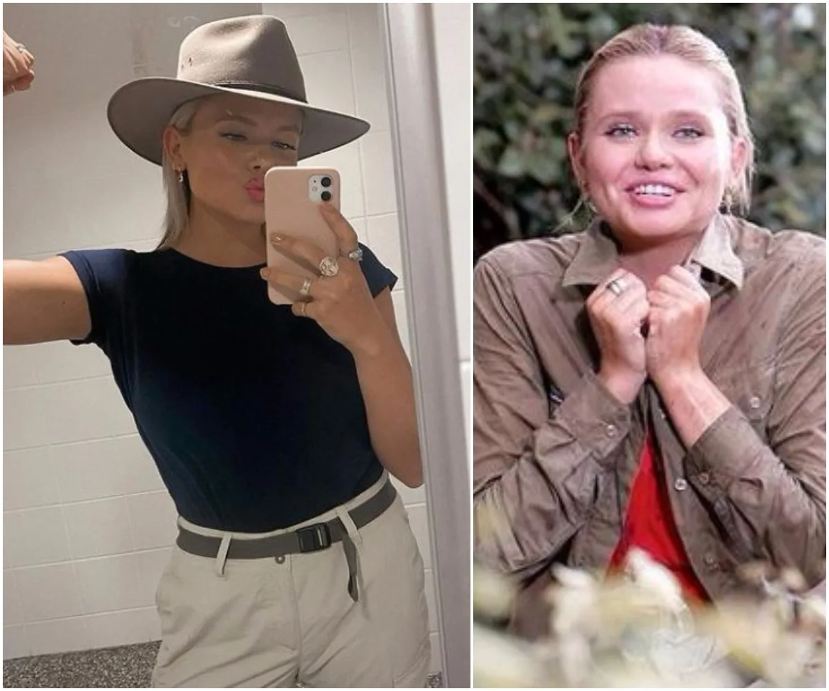 Selfie of a woman in a hat flexing, paired with an image of her smiling outdoors in a khaki shirt.