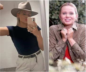 Selfie of a woman in a hat flexing, paired with an image of her smiling outdoors in a khaki shirt.
