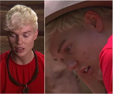Young person with blond hair, wearing a red shirt and necklace, in two different close-up shots.