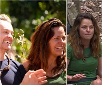 Two people smiling outdoors on the left; a woman in a green shirt sitting in a camp setting on the right.