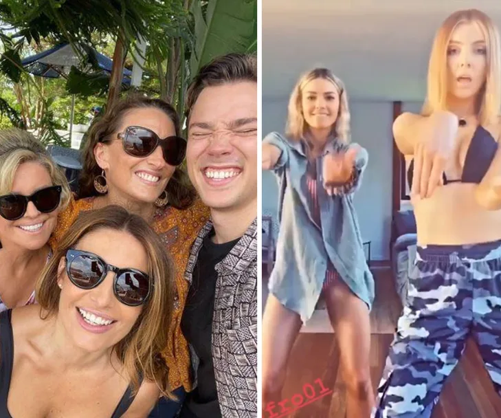 Group of people smiling and posing outdoors; two women dancing indoors, one in a bikini and camo pants.