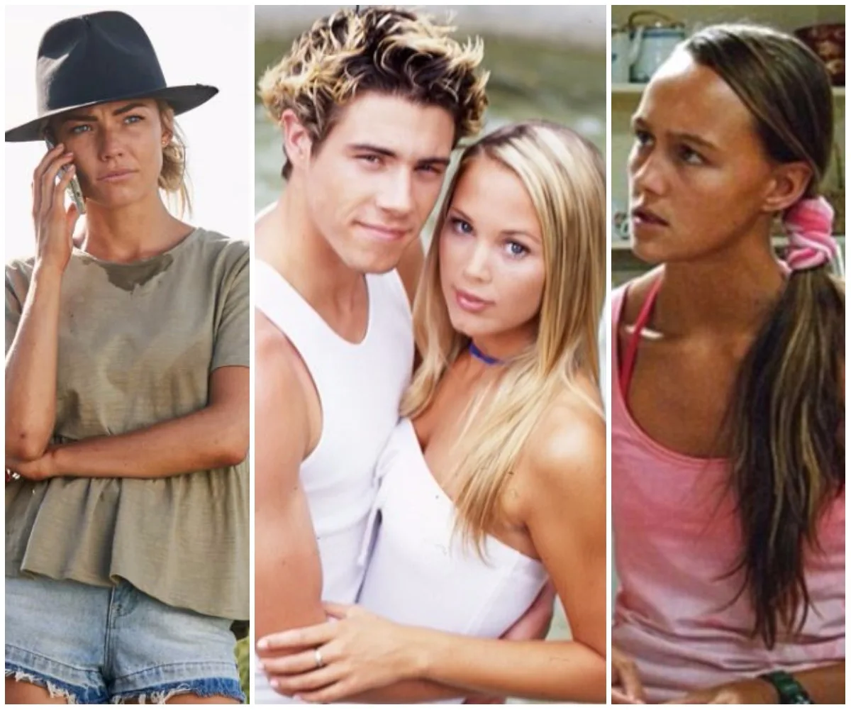 Three individuals from "Home and Away" in different scenes: woman with hat, couple embracing, woman with pink top.