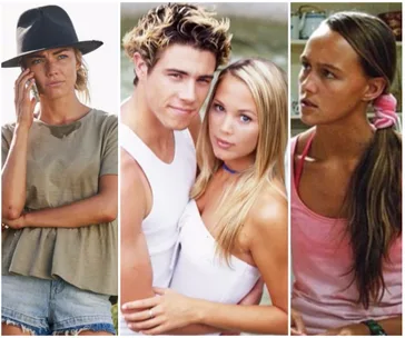 Three individuals from "Home and Away" in different scenes: woman with hat, couple embracing, woman with pink top.