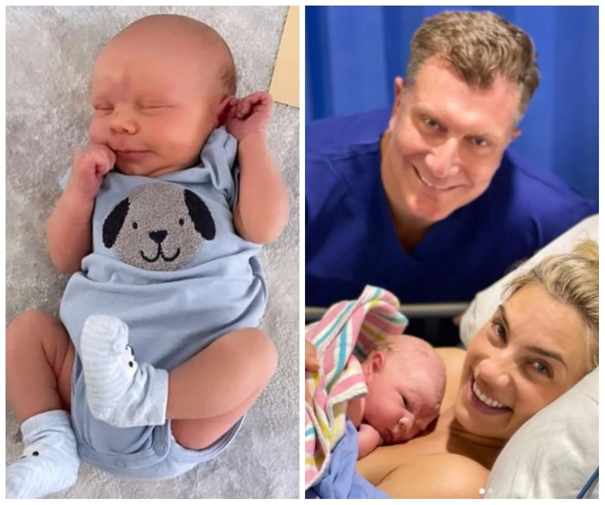 "Newborn baby Asher sleeping in blue onesie next to a photo with smiling parents holding him in the hospital."