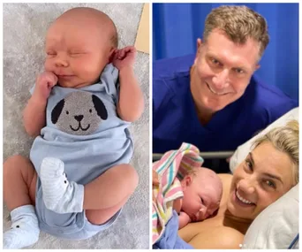 "Newborn baby Asher sleeping in blue onesie next to a photo with smiling parents holding him in the hospital."