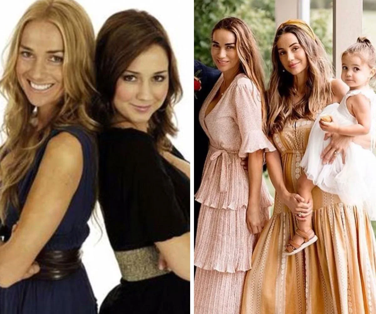 "Two images: first of two women smiling back-to-back; second of two women with a child on a porch, all in elegant dresses."