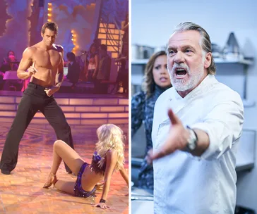 "Dancing duo performing on stage, man in black pants, woman in blue outfit; chef angrily gesturing in a kitchen."