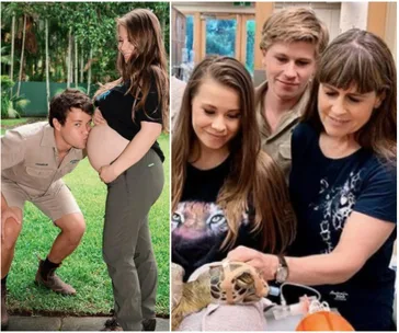 Pregnant woman at Australia Zoo with family, partner kissing belly, another family member holds a tortoise in a bandage.