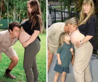 Father and partner kiss pregnant bellies in two side-by-side images, capturing family moments in outdoor settings.